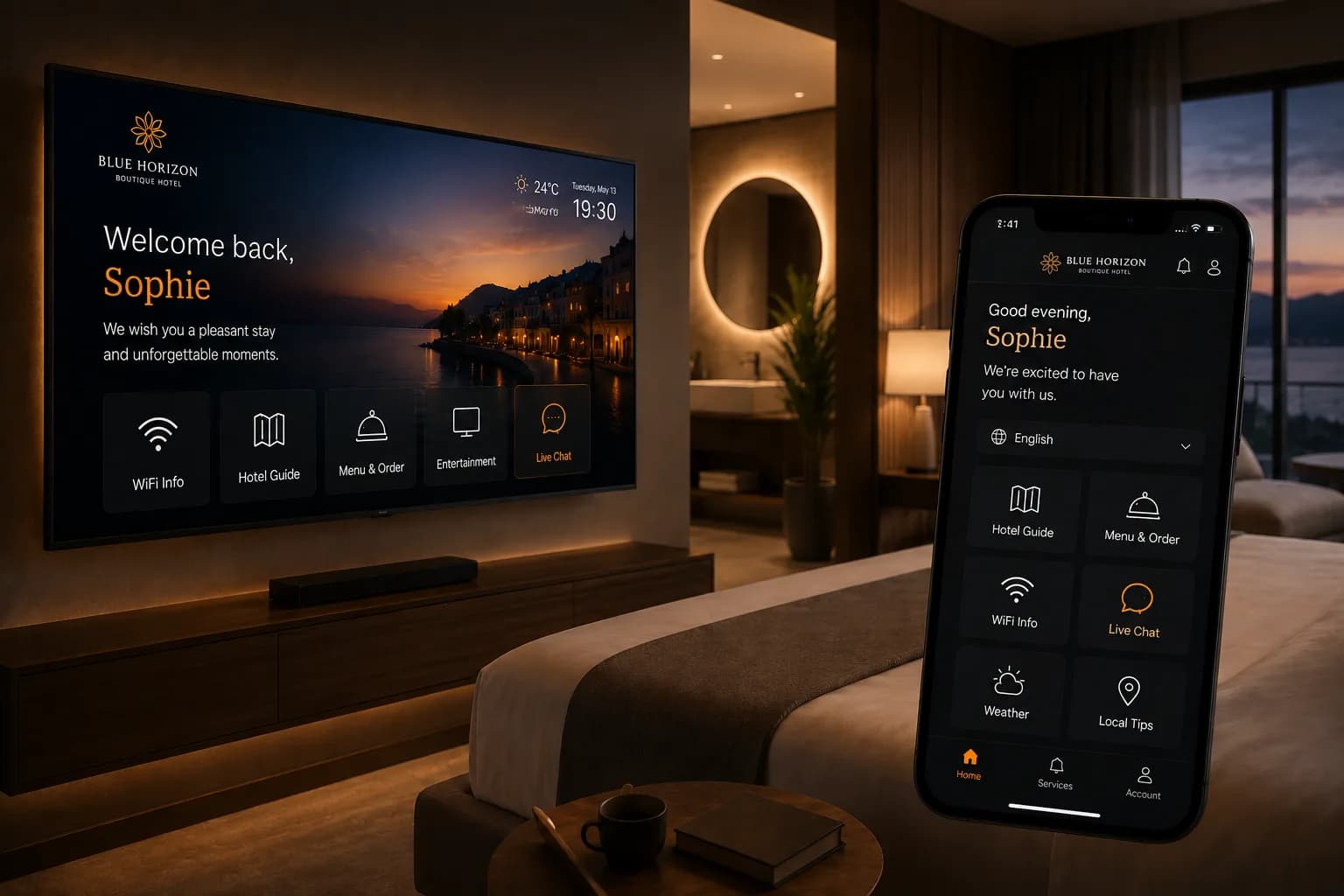 A branded room welcomes them